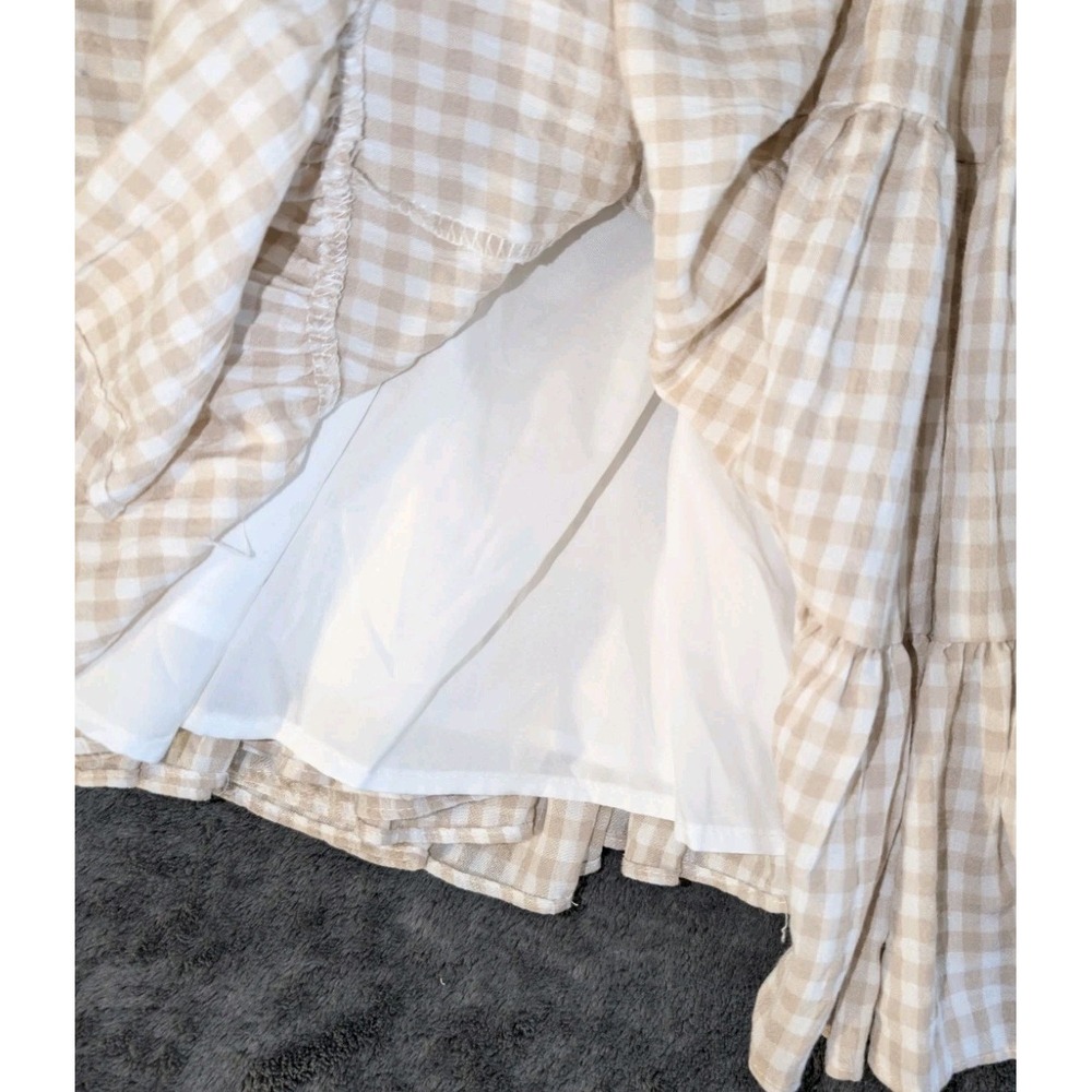 Mable Tan/White Gingham Smocked Bodice Ruffle Hem Dress-Size M (Instagram Dress) - Picture 4 of 7